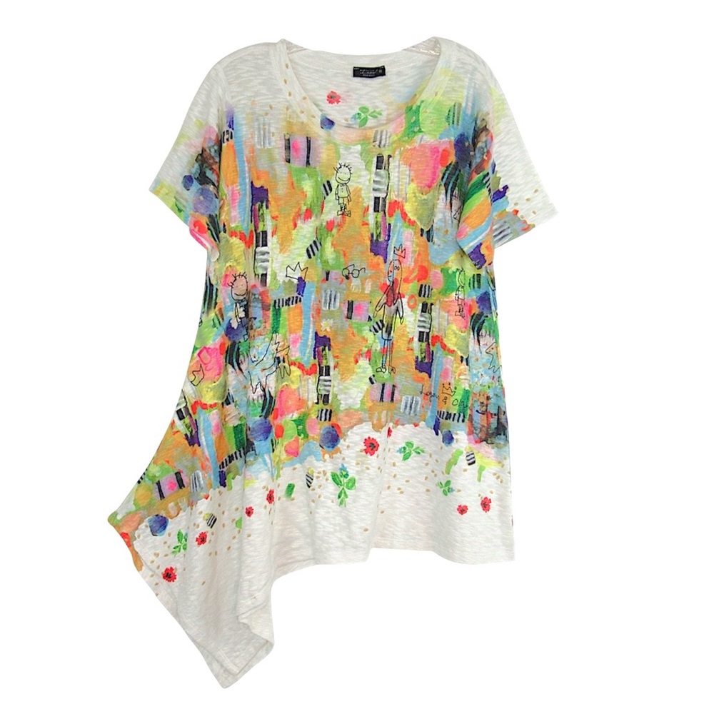 INOAH Honey Pot Short Sleeve Asymmetric Hem Wearable Art Colorful Print Tunic M